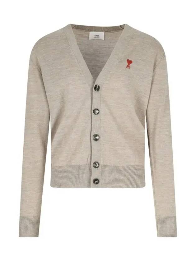 Red Heart Logo Merino Wool Cardigan Beige - AMI - BALAAN 2