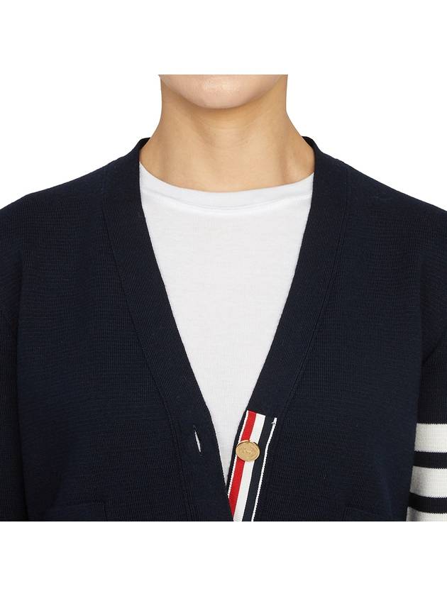 Milano Stitch 4 Bar Classic V Neck Fine Merino Wool Cardigan Navy - THOM BROWNE - BALAAN 9