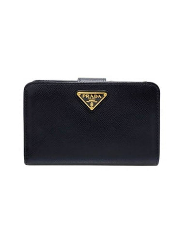 1ML225 Black Saffiano Gold Triangular Logo Zip up Medium Wallet - PRADA - BALAAN 1