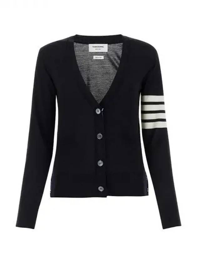 Sustainable Fine Merino Wool 4-Bar Relaxed Fit V-Neck Cardigan Navy - THOM BROWNE - BALAAN 2