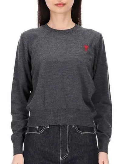 Embroidered Logo Merino Wool Knit Top Heather Grey - AMI - BALAAN 2