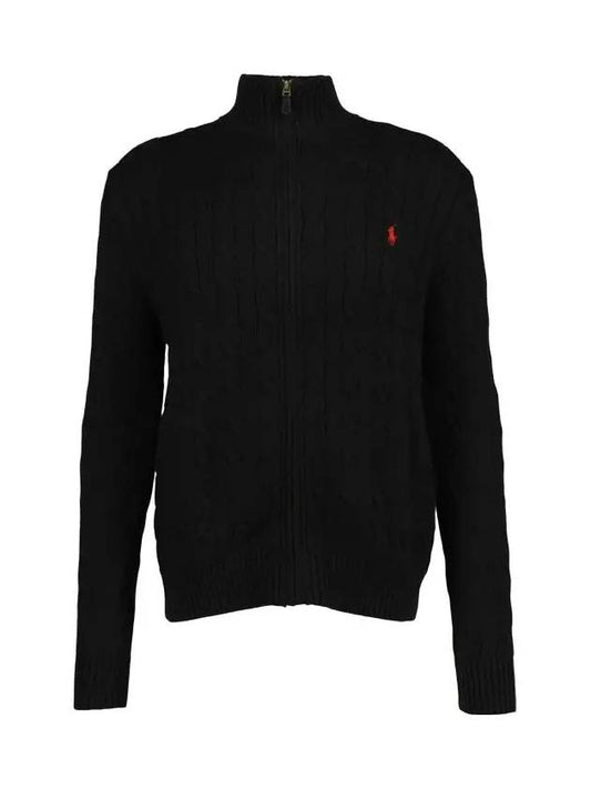 Pony Motif Cable Zipper Knit Cotton Cardigan Black - POLO RALPH LAUREN - BALAAN 2