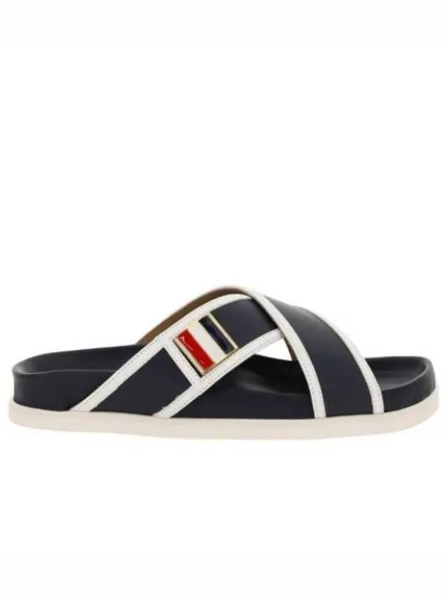 Vitello Calfskin Leather Enamel Buckle Criss Cross Sandal Navy - THOM BROWNE - BALAAN 2