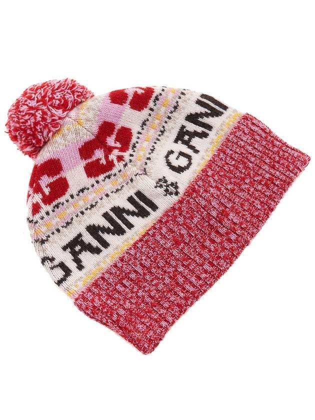 Logo Graphic Intarsia Knit Beanie Red - GANNI - BALAAN 5