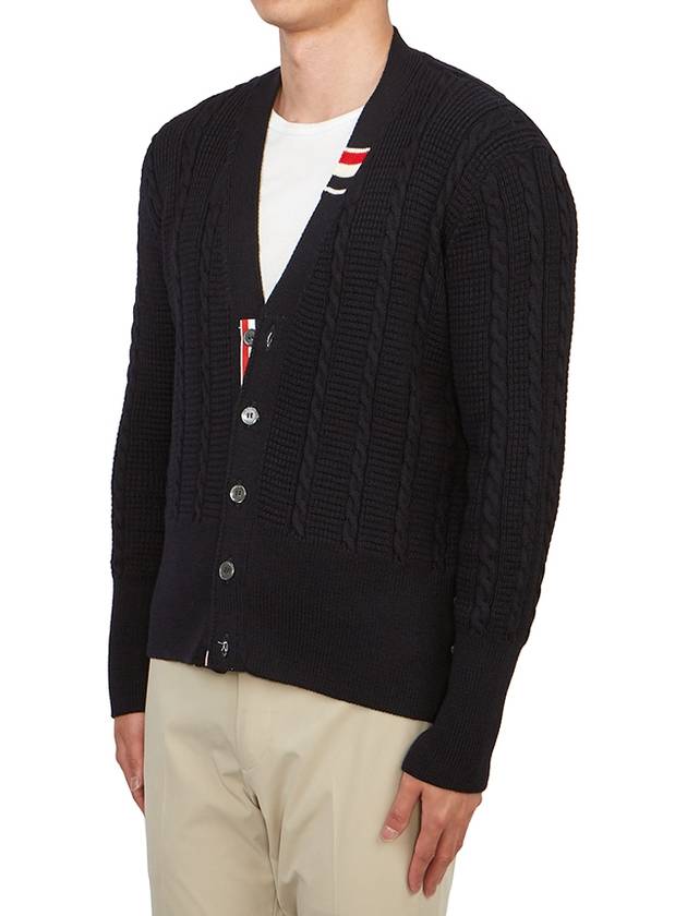 Cable Knitwear Virgin Wool Cardigan Navy - THOM BROWNE - BALAAN 4