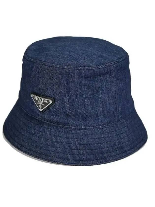 Triangle Logo Denim Cotton Bucket Hat Navy - PRADA - BALAAN.