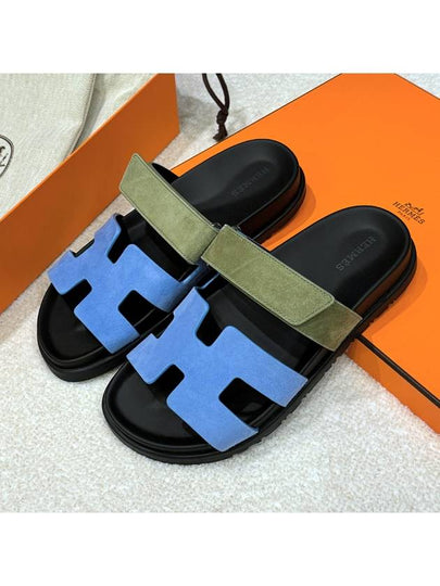 Women's Chypre Sandals Suede Goatskin Blue Khaki - HERMES - BALAAN 2