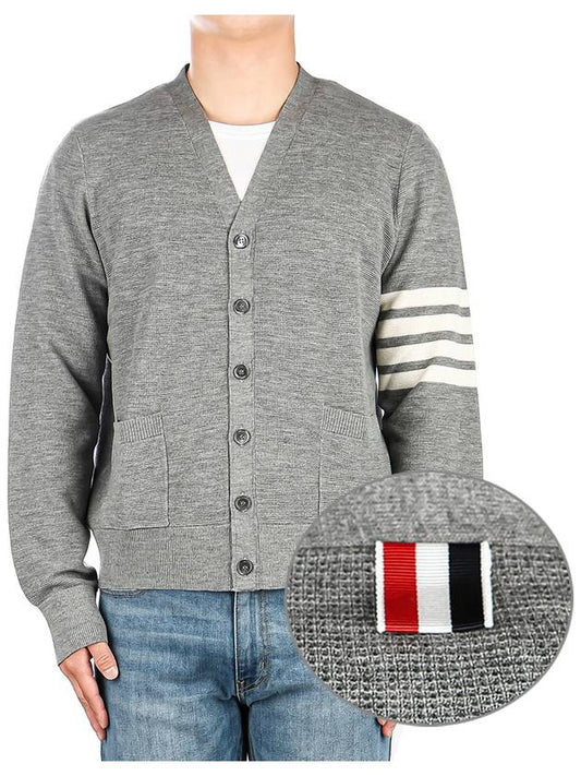 4-Bar Striped Waffle High V-Neck Cardigan Light Grey - THOM BROWNE - BALAAN 2