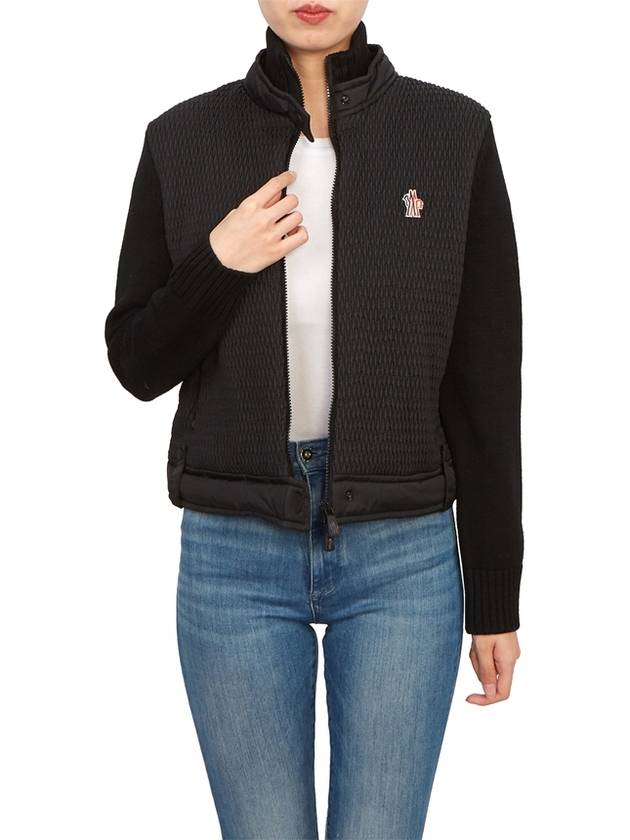 Logo Applique Panel Virgin Wool Zip-Up Cardigan Black - MONCLER - BALAAN 6