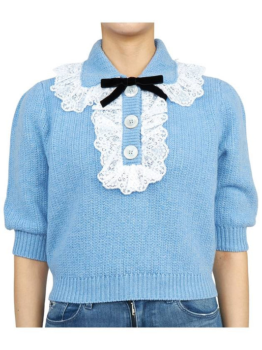 Wool Collar Short Sleeve Knit Top Blue - ALESSANDRA RICH - BALAAN.