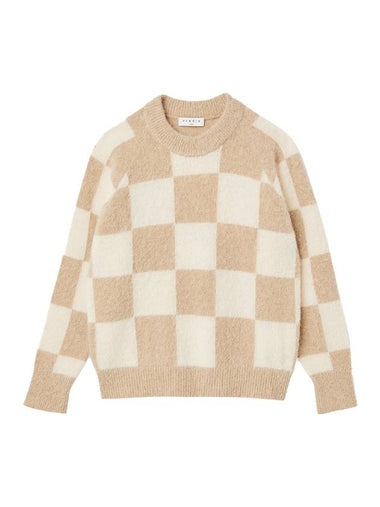 Women's Check Crew Neck Knit Top Camel Beige - SANDRO - BALAAN 1