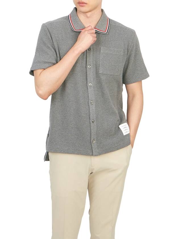 Three-Line Collar Texture Cotton Short Sleeve Shirt Grey - THOM BROWNE - BALAAN 5