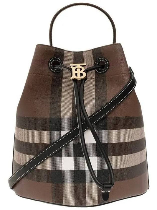 TB Logo Checked Leather Small Bucket Bag Dark Birch Brown - BURBERRY - BALAAN 2