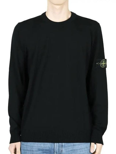 Logo Patch Crewneck Virgin Wool Knit Top Black - STONE ISLAND - BALAAN 2