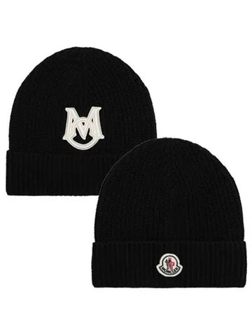 Logo Patch Wool Beanie Black Hat 3B00014 M1509 999 - MONCLER - BALAAN 1