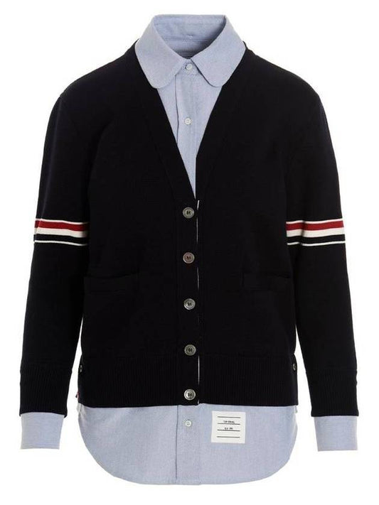 Women's Cotton Pointelle Cable Knit Short Sleeve Cardigan Navy - THOM BROWNE - BALAAN.