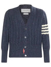 Donegal Twist Cable 4 Bar Classic V Neck Cardigan Blue - THOM BROWNE - BALAAN 2