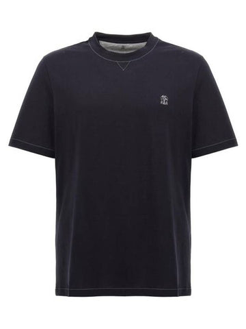 Embroidered Logo Short Sleeve T-Shirt Dark Blue - BRUNELLO CUCINELLI - BALAAN 1