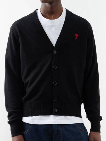 Red Heart Logo Merino Wool Cardigan Black - AMI - BALAAN 2