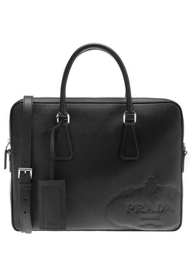 triangle logo saffiano leather brief case black - PRADA - BALAAN 2