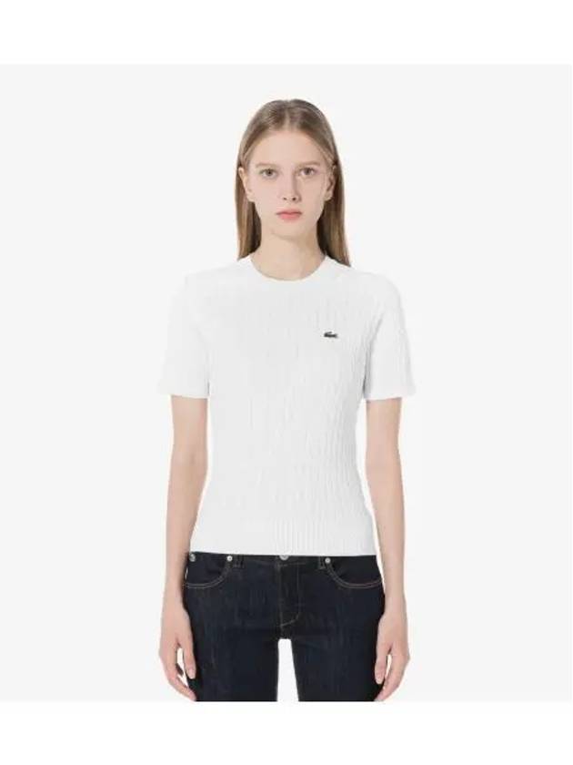 Women s Cable Short Sleeve Crew Neck White - LACOSTE - BALAAN 1