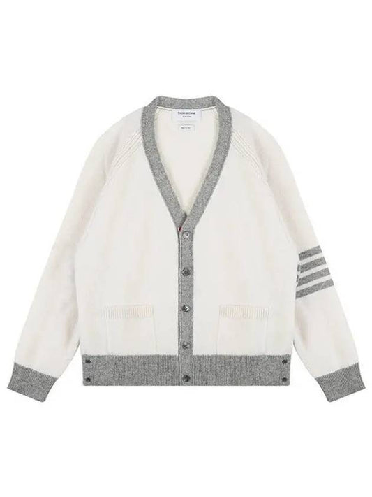 V-Neck 4-Bar Wool Cardigan White - THOM BROWNE - BALAAN 2