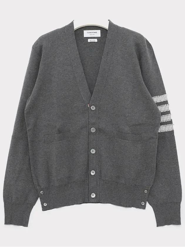 4-Bar V-Neck Milan Seersucker Cardigan Medium Grey - THOM BROWNE - BALAAN 3