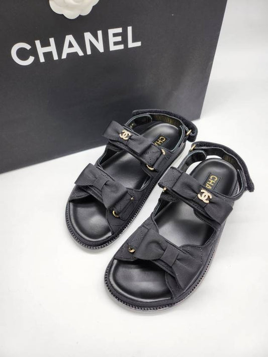 Women's Ribbon Velcro Sandals Black - CHANEL - BALAAN.