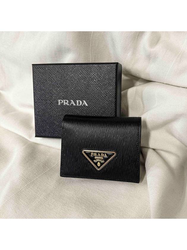 Gold triangle logo Saffiano bifold wallet black - PRADA - BALAAN 3