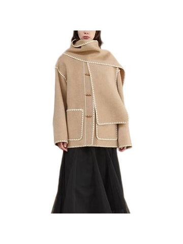 Women's Braid Line Muffler Single Coat Beige - MITTE - BALAAN 1