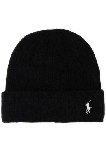 Embroidery Pony Cable Knit Beanie Black - POLO RALPH LAUREN - BALAAN 1