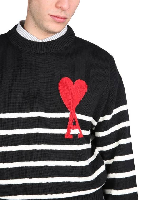 Big Heart Logo Striped Knit Top Black - AMI - BALAAN.