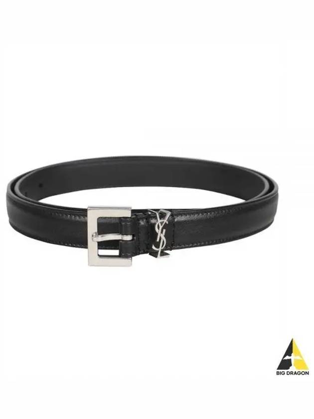 Women's Monogram Square Grain Leather Belt Black - SAINT LAURENT - BALAAN 2