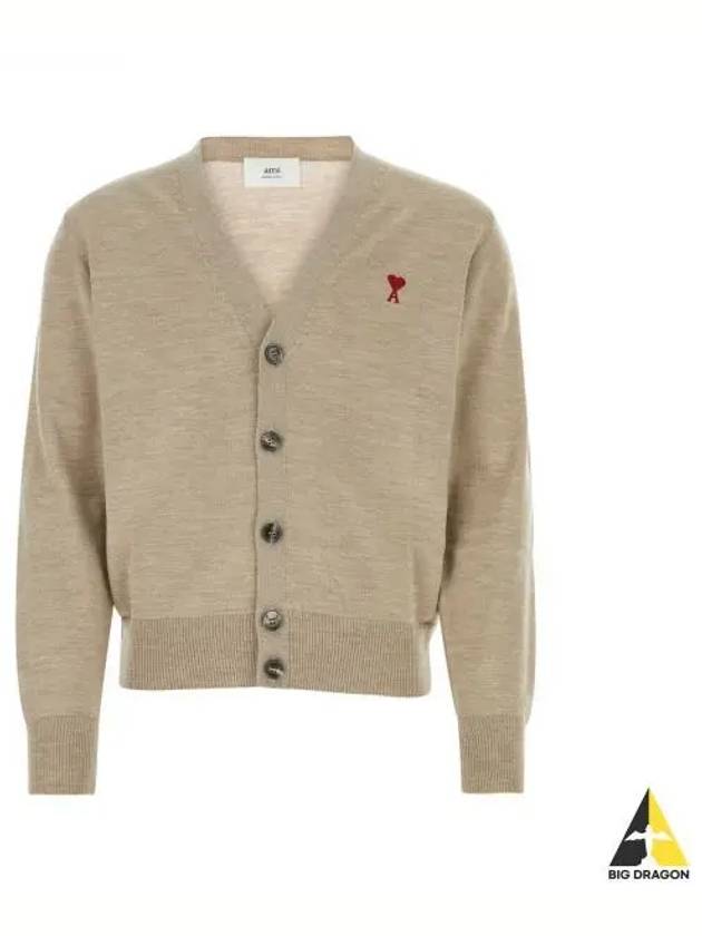 Red Heart Logo Merino Wool Cardigan Beige - AMI - BALAAN 2