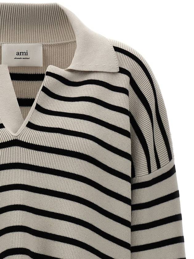 Embroidery Logo Sailor Stripe Polo Knit Top Black White - AMI - BALAAN 4