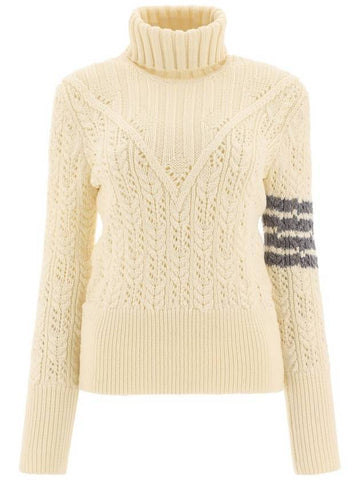 Women's Irish Pointel Cable Merino Wool 4 Bar Turtleneck White - THOM BROWNE - BALAAN.