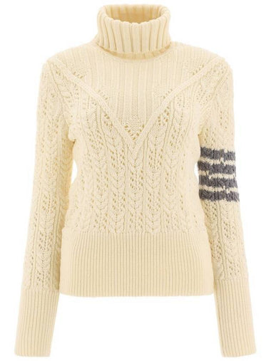 Women's 4 Bar Irish Pointelle Cable Merino Wool Turtleneck White - THOM BROWNE - BALAAN 1