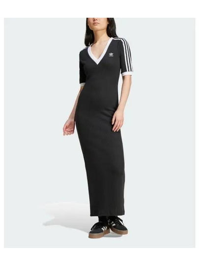 Adicolor 3 Stripes Knit V Neck Long Dress Black - ADIDAS - BALAAN 2