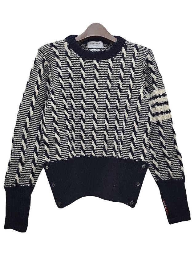 Bicolor Twist Cable 4 Bar Crew Neck Knit Top Navy - THOM BROWNE - BALAAN 3