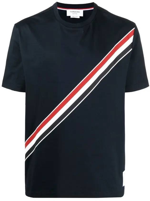 RWB Three Stripes Logo Diagonal Short Sleeve T Shirt Navy - THOM BROWNE - BALAAN 1