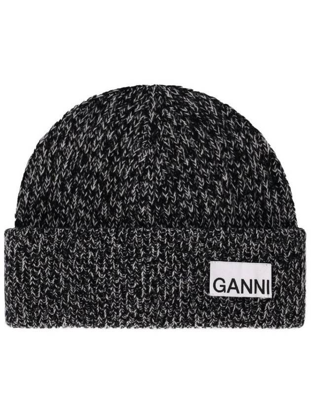 Logo Patch Ribbed Knit Beanie Black - GANNI - BALAAN 1