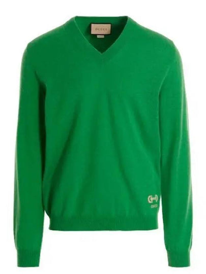 Men's Cashmere Embroidered Logo V-Neck Knit Top Green - GUCCI - BALAAN 2