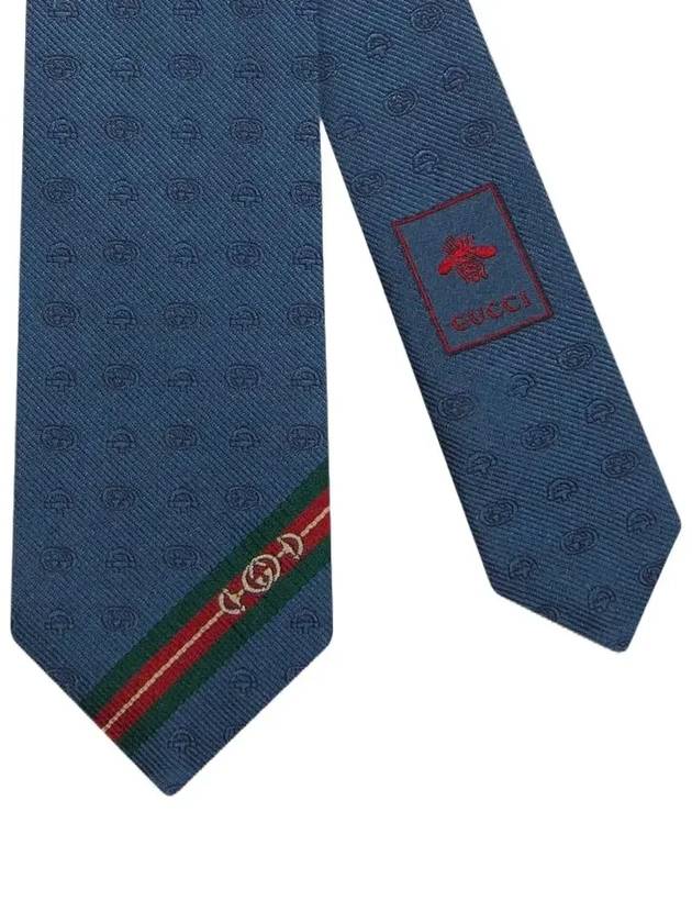 Double G Horsebit Jacquard Slim Silk Necktie  Blue - GUCCI - BALAAN 4