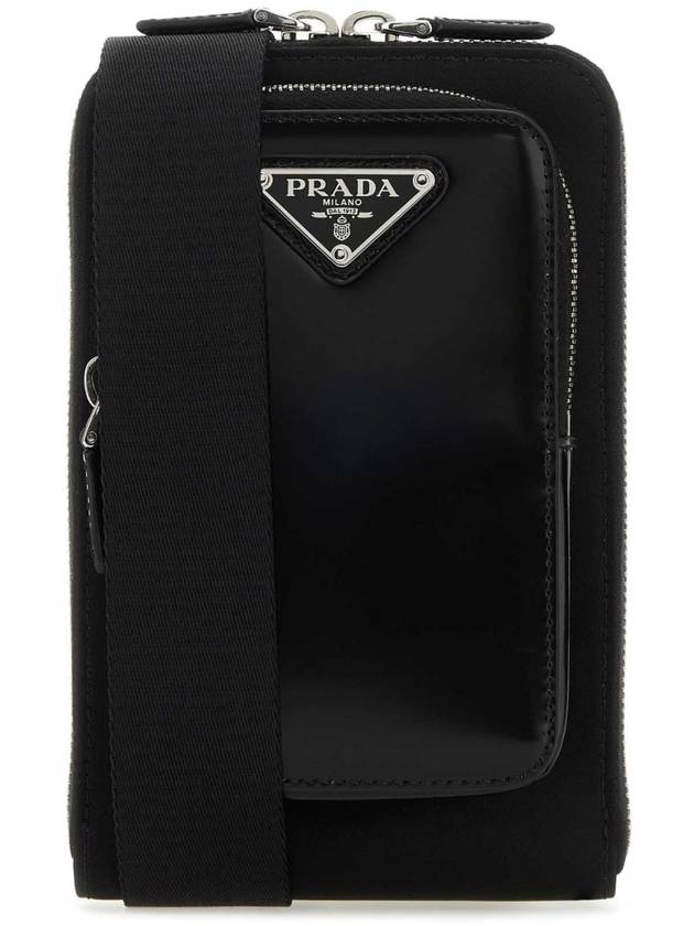 Triangle Logo Brushed Leather Phone Case Cross Bag Black - PRADA - BALAAN 1