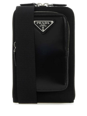 Triangle Logo Brushed Leather Phone Case Cross Bag Black - PRADA - BALAAN 1