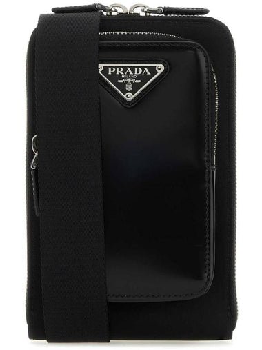 Triangle Logo Brushed Leather Phone Case Cross Bag Black - PRADA - BALAAN 1