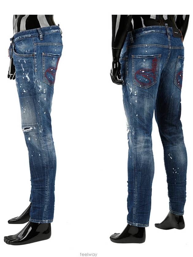 Men's Logo Patch Spot Painting Diss Dean Skinny Jeans Blue - DSQUARED2 - BALAAN 2