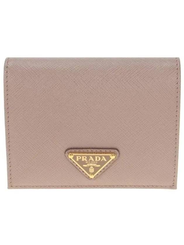 Gold Triangle Logo Saffiano Half Wallet Pink Beige - PRADA - BALAAN 2