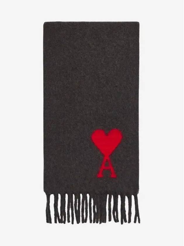 Heart Logo Oversized Wool Fringe Scarf Dark Grey - AMI - BALAAN 2