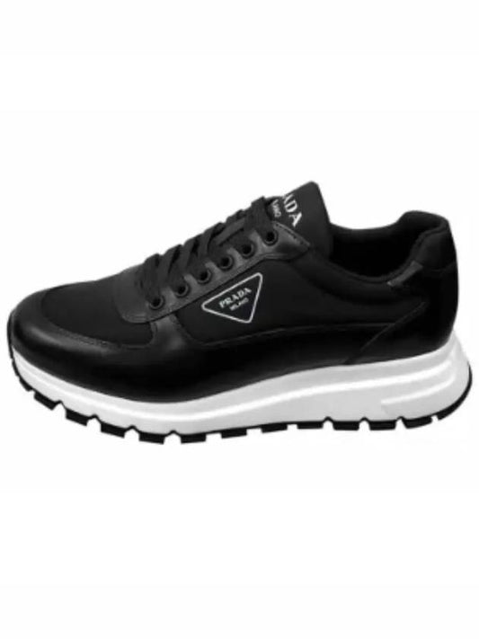 Triangle Logo Fabric Leather Low Top Sneakers Black - PRADA - BALAAN 2